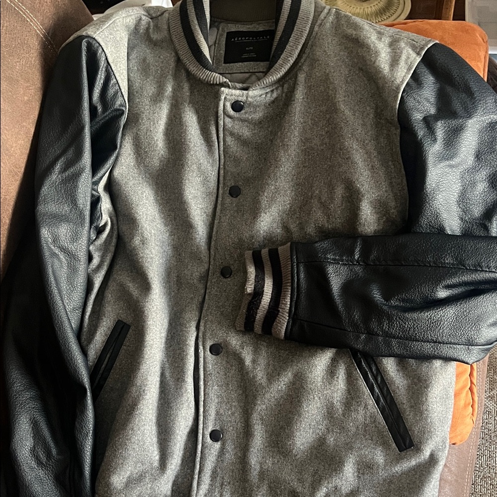 Aeropostale Men's Gray and Navy Varsity Jacket